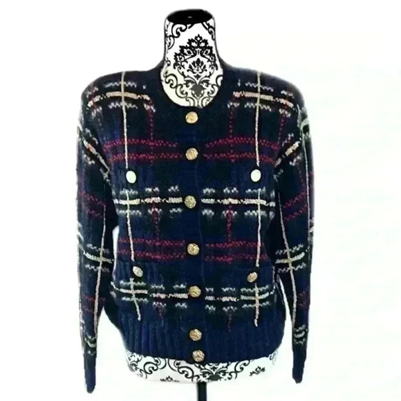 Evan Picone Vintage Hand Knit Wool & Angora Navy, Red & Gold Plaid Crop Sweater - Picture 2 of 10